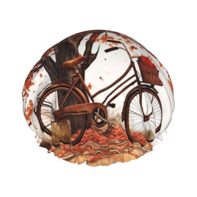 Autumn Tree with Aged Old Bike Print Shower Caps for Women Reusable Bath Caps Double Layer Waterproof Hair Cap with EVA Lining Soft Comfortable Bath Hat for all Hair Types