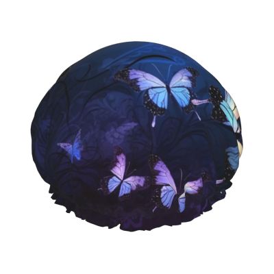 Background with Night Butterflies Print Shower Caps for Women Reusable Bath Caps Double Layer Waterproof Hair Cap with EVA Lining Soft Comfortable Bath Hat for all Hair Types