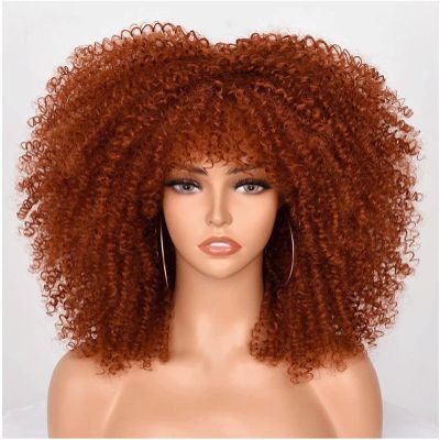 NinthAvenue Basics Full 14 ""/ 35Cm 70S Orange Curly Wigs Short Curly Afro Wig with Bangs for Black Women Kinky Curly Hair Wig Funky Wig Afro Synthetic Full Wigs With hair net