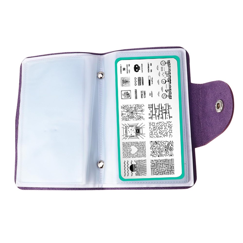 Nail Stamping Plate Organizer Bag with Snap Closure Purple Leather