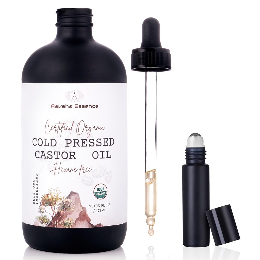 Aavaha Essence Organic Castor Oil Cold-Pressed, Hexane-Free, 100% Pure & USDA Certified Cold Pressed Oil for Hair, Skin, Eyelashes & Brows 16 oz Glass Bottle with Dropper + Mini Glass Roll-On