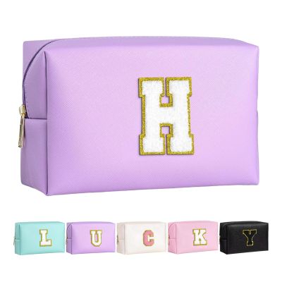 Letoileite Personalized Preppy Patch Makeup Bag Waterproof PU Leather Travel Toiletry Bag with ZipperCosmetic Bag Women Friend Birthday Christmas Gifts