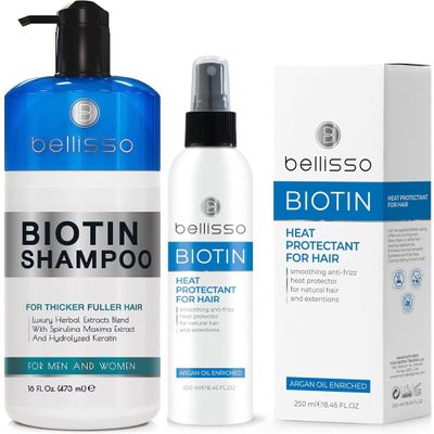 BELLISSO Biotin Heat Protectant Spray for Hair with Moroccan Argan Oil and Biotin Shampoo
