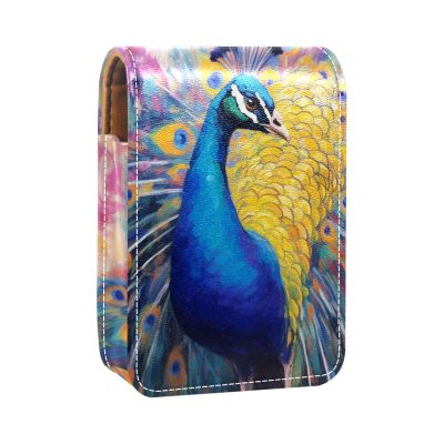 YTYVAGT Lipstick Case,Leather Lip Gloss Lipstick Organizer with Mirror,Mini Lipstick Holder Bag,Animal Colorful Peacock Art Painting