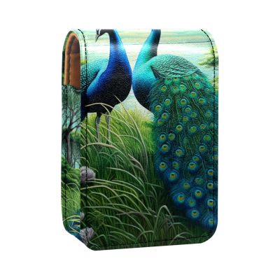 YTYVAGT Lipstick Case,Leather Lip Gloss Lipstick Organizer with Mirror,Mini Lipstick Holder Bag,Vintage Colorful Blue Peacock