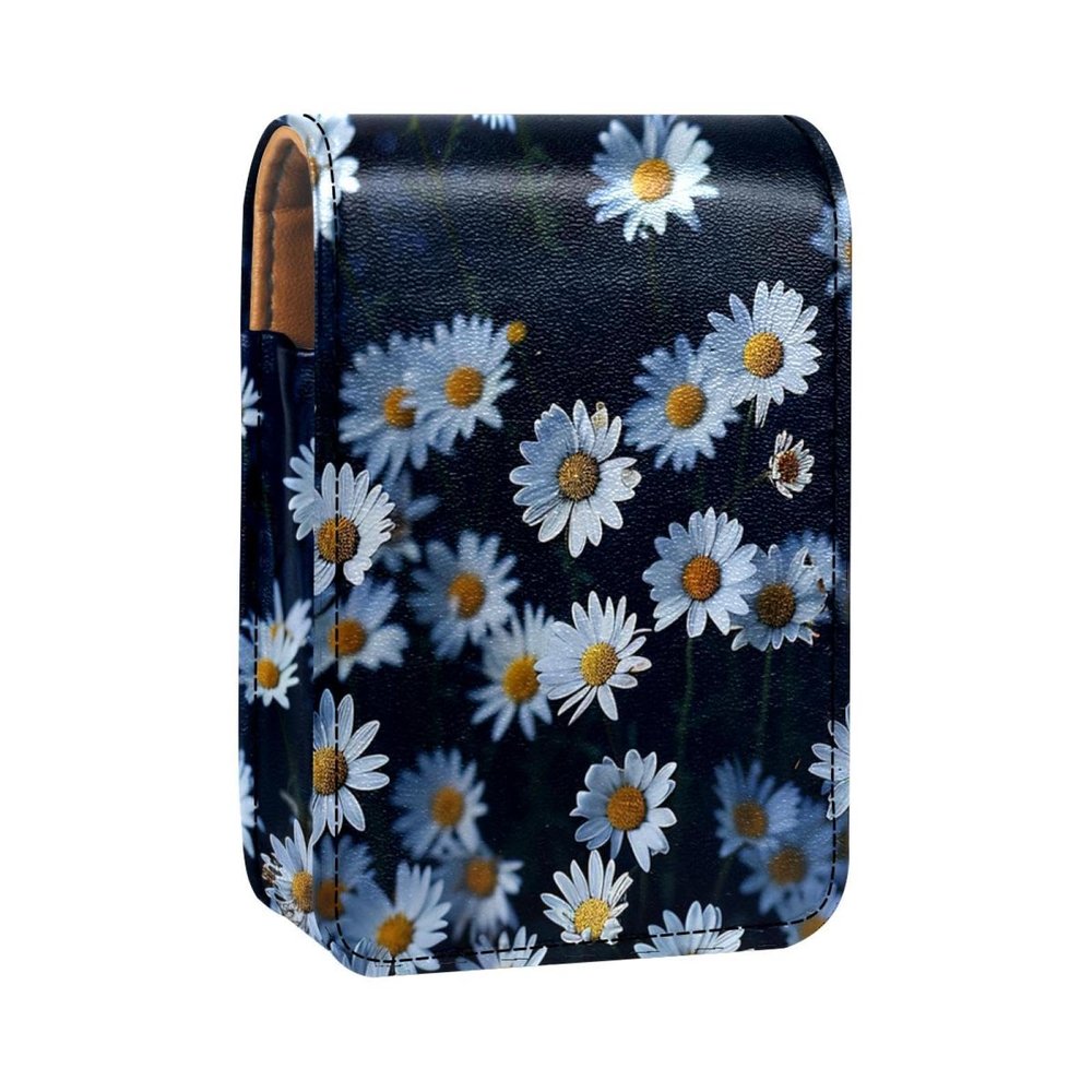 YTYVAGT Lipstick Case,Leather Lip Gloss Lipstick Organizer with Mirror,Mini Lipstick Holder Bag,White Daisy Flowers