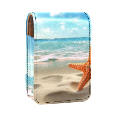 YTYVAGT Lipstick Case,Leather Lip Gloss Lipstick Organizer with Mirror,Mini Lipstick Holder Bag,Beach Seaside Starfish Ocean