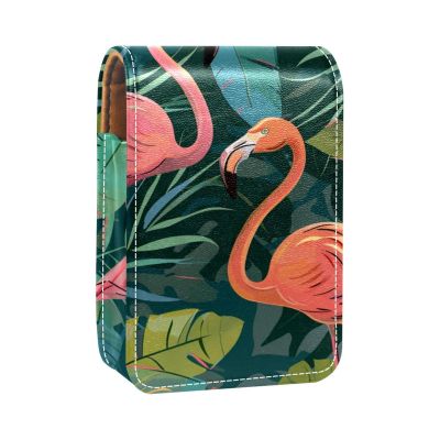 YTYVAGT Lipstick Case,Leather Lip Gloss Lipstick Organizer with Mirror,Mini Lipstick Holder Bag,Tropical Leaves and Flamingos