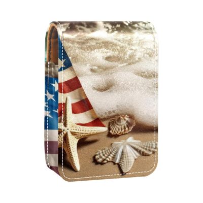 YTYVAGT Lipstick Case,Leather Lip Gloss Lipstick Organizer with Mirror,Mini Lipstick Holder Bag,American Flag and Beach