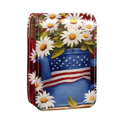 YTYVAGT Lipstick Case,Leather Lip Gloss Lipstick Organizer with Mirror,Mini Lipstick Holder Bag,American Flag Daisy Flower