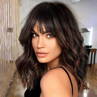 Short Wavy Bob Bangs Wig 1B 30 Color Shoulder Length Natural Wave 13X4 HD Transparent Lace Human Hair Wig With Bangs Remy Brazilian Highlight Short Bob Loose Wave Wigs for Black Women 150 Density