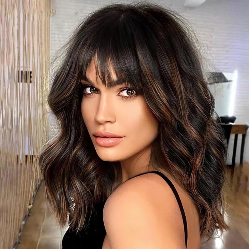 Short Wavy Bob Bangs Wig 1B 30 Color Shoulder Length Natural Wave 13X4 HD Transparent Lace Human Hair Wig With Bangs Remy Brazilian Highlight Short Bob Loose Wave Wigs for Black Women 150 Density