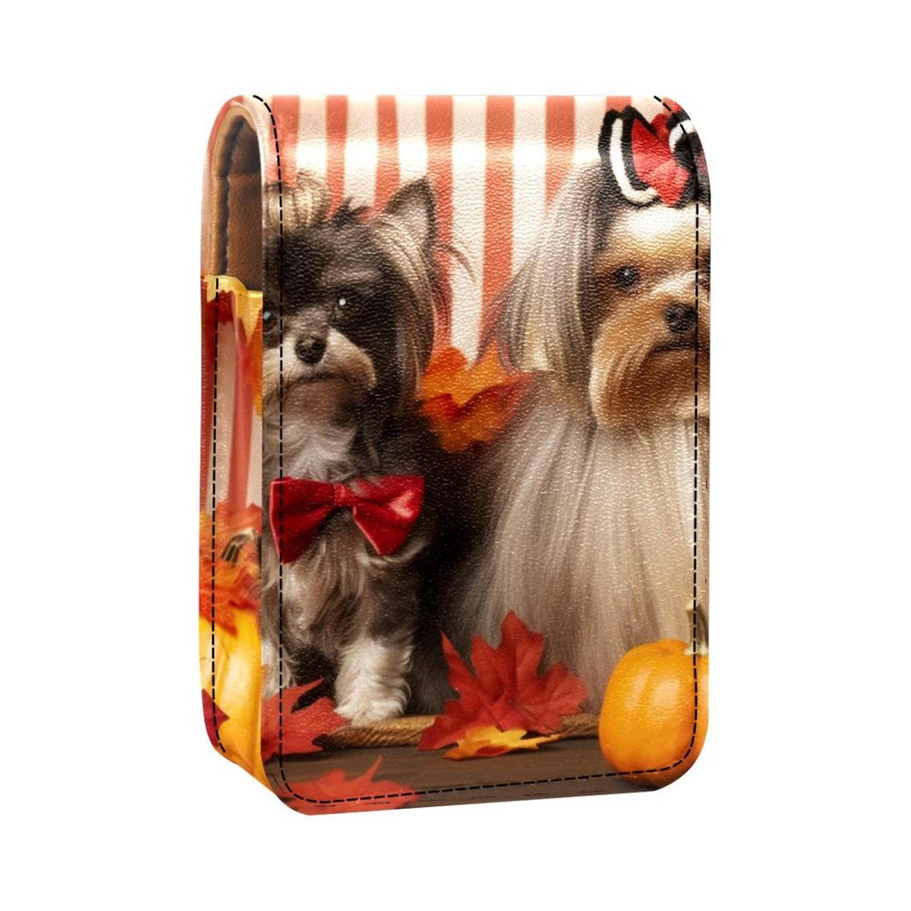 YTYVAGT Lipstick Case,Leather Lip Gloss Lipstick Organizer with Mirror,Mini Lipstick Holder Bag,Autumn Pets Cat and Dog