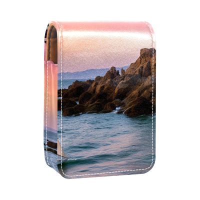 YTYVAGT Lipstick Case,Leather Lip Gloss Lipstick Organizer with Mirror,Mini Lipstick Holder Bag,White Lighthouse Pink Sky