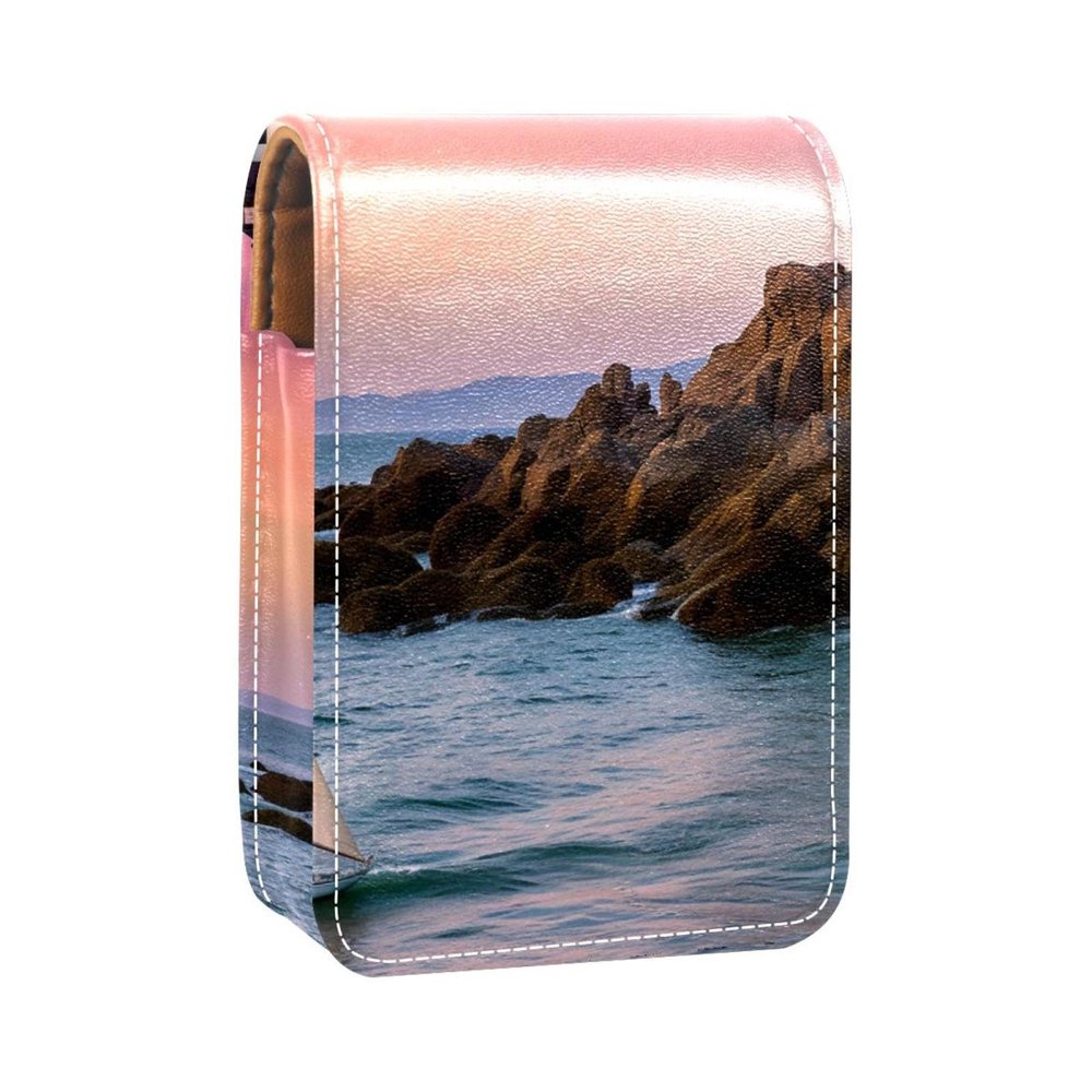 YTYVAGT Lipstick Case,Leather Lip Gloss Lipstick Organizer with Mirror,Mini Lipstick Holder Bag,White Lighthouse Pink Sky