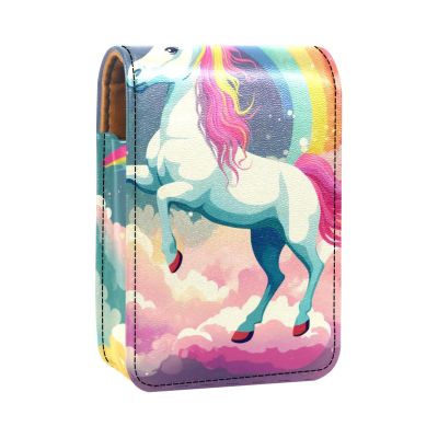 YTYVAGT Lipstick Case,Leather Lip Gloss Lipstick Organizer with Mirror,Mini Lipstick Holder Bag,Unicorn Cloud Rainbow