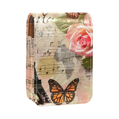 YTYVAGT Travel Lipstick Organizer Case,Lipstick Case Portable Makeup Bag With Mirror,Eiffel Tower Flowers Vintage