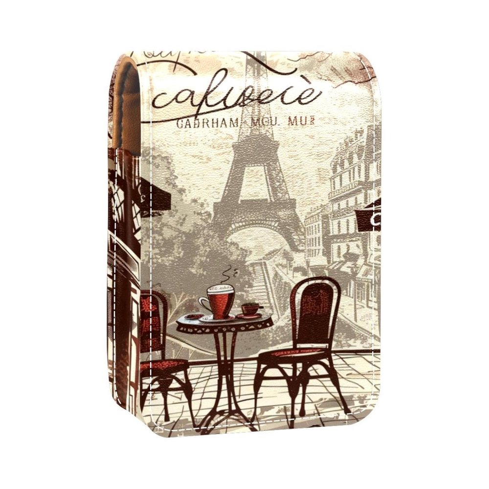 YTYVAGT Lipstick Case,Leather Lip Gloss Lipstick Organizer with Mirror,Mini Lipstick Holder Bag,Eiffel Tower Vintage Newspaper