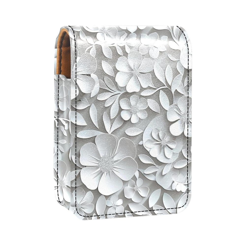 YTYVAGT Lipstick Case,Leather Lip Gloss Lipstick Organizer with Mirror,Mini Lipstick Holder Bag,White Plants Flowers Floral
