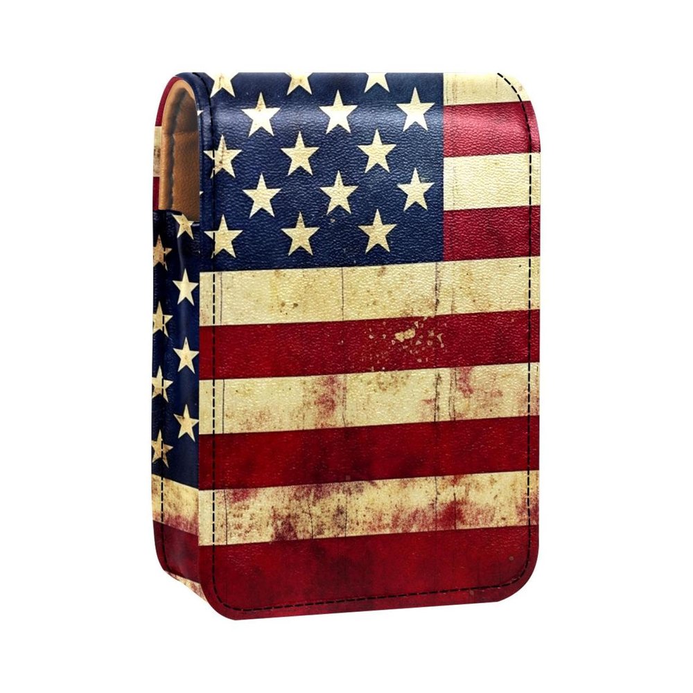 YTYVAGT Lipstick Case,Leather Lip Gloss Lipstick Organizer with Mirror,Mini Lipstick Holder Bag,Vintage American Flag Print