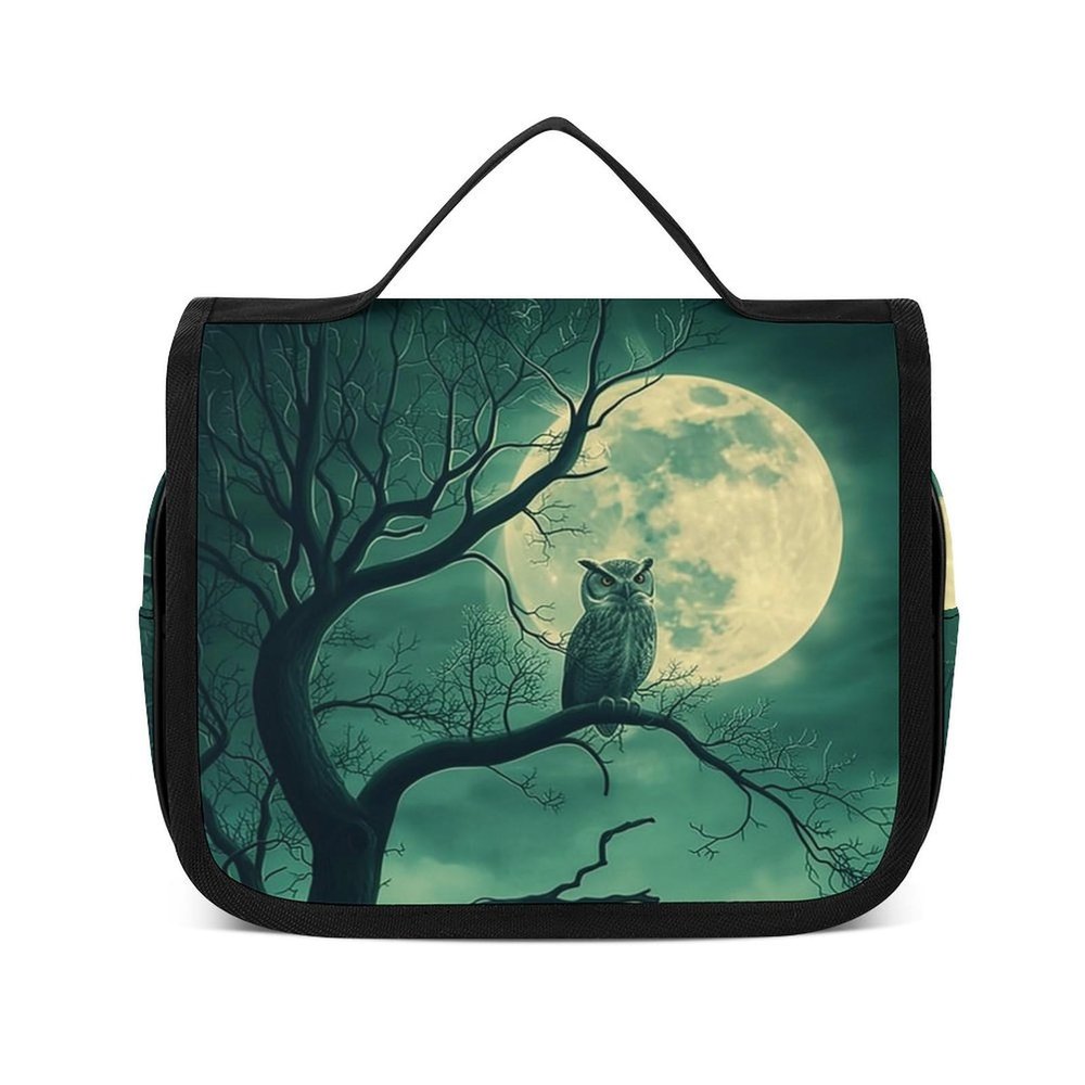 QUOPLMAM Owl Tree Green Portable Toiletry Bags,Travel Makeup Bags,Travel Cosmetic Bags,with Handle,Large Capacity