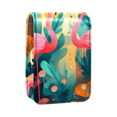 YTYVAGT Lipstick Case,Leather Lip Gloss Lipstick Organizer with Mirror,Mini Lipstick Holder Bag,Tropical Leaves Flamingo Flowers