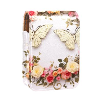 YTYVAGT Travel Lipstick Organizer Case,Lipstick Case Portable Makeup Bag With Mirror,Vintage Leaf Roses and Butterfly