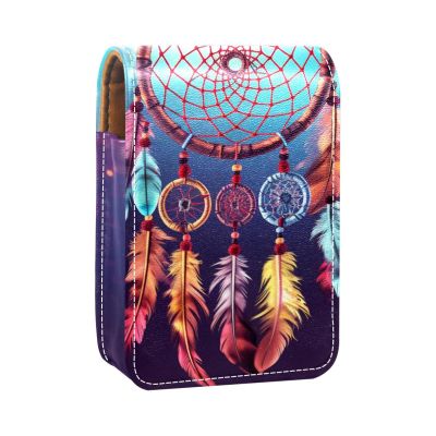 YTYVAGT Lipstick Case,Leather Lip Gloss Lipstick Organizer with Mirror,Mini Lipstick Holder Bag,Ethnic Style Feather Dream Catcher