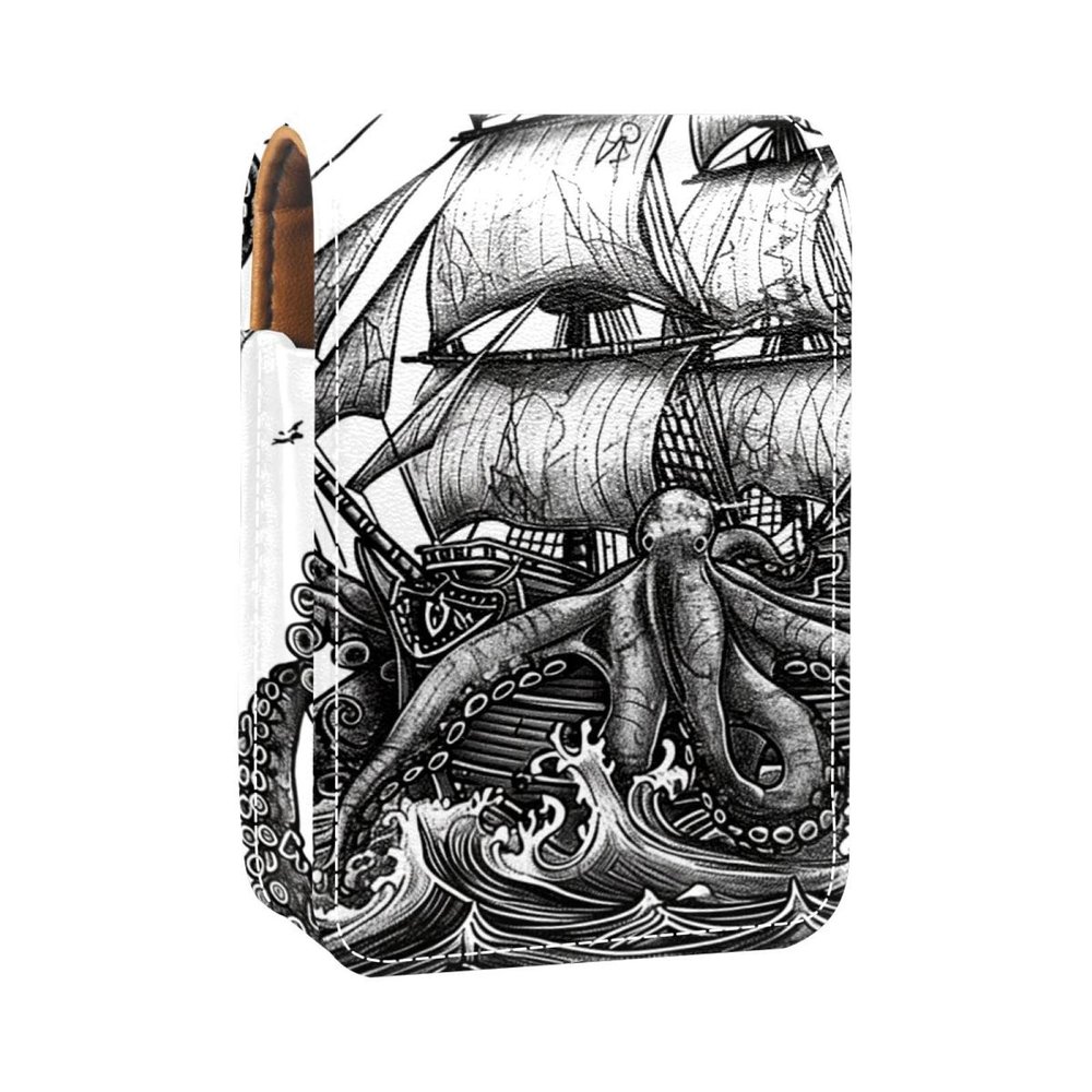 YTYVAGT Lipstick Case,Leather Lip Gloss Lipstick Organizer with Mirror,Mini Lipstick Holder Bag,Devilfish Pirate Sailboat