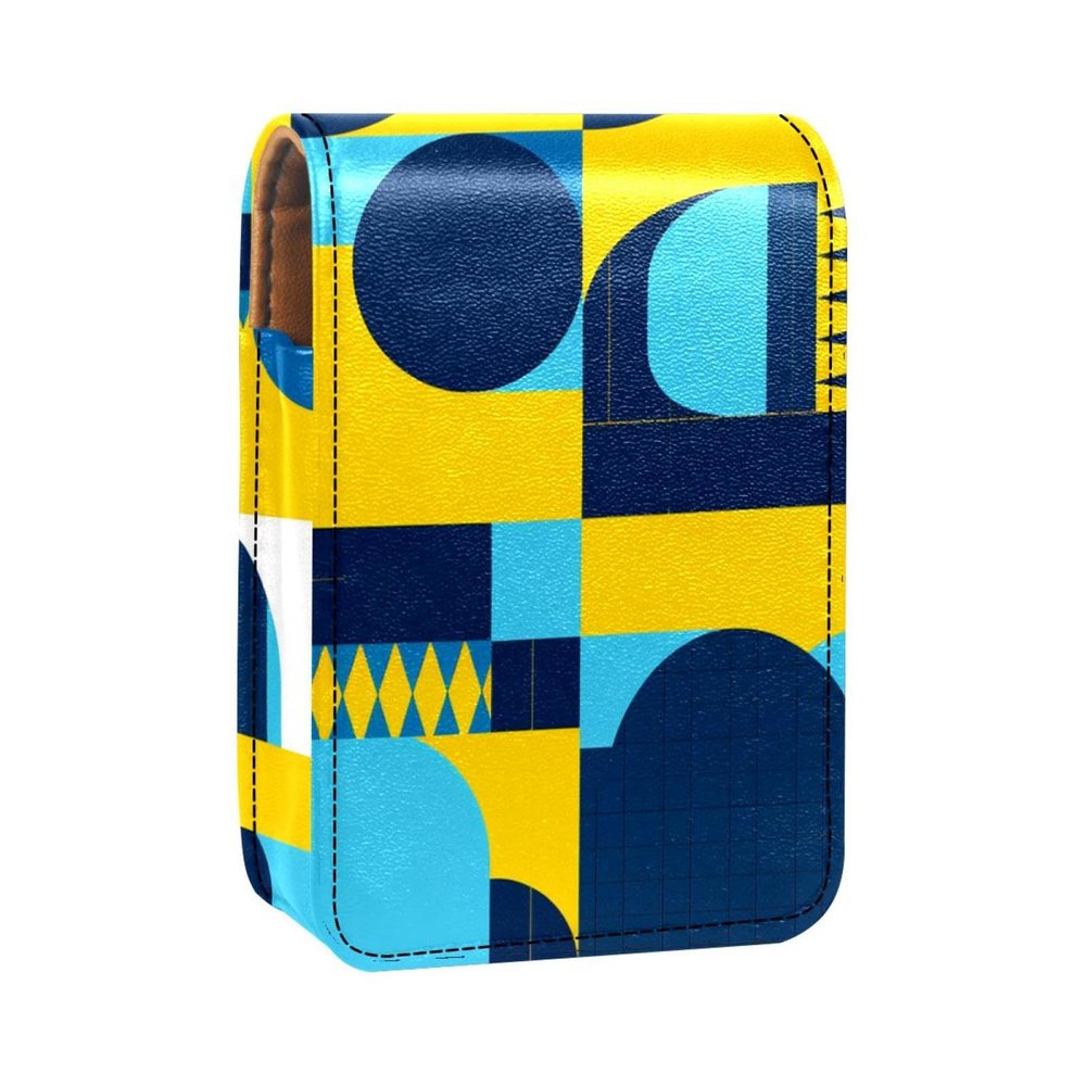 YTYVAGT Lipstick Case,Leather Lip Gloss Lipstick Organizer with Mirror,Mini Lipstick Holder Bag,Blue White Yellow Pattern