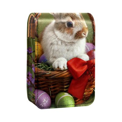 YTYVAGT Lipstick Case,Leather Lip Gloss Lipstick Organizer with Mirror,Mini Lipstick Holder Bag,White Rabbit with Eggs Easter
