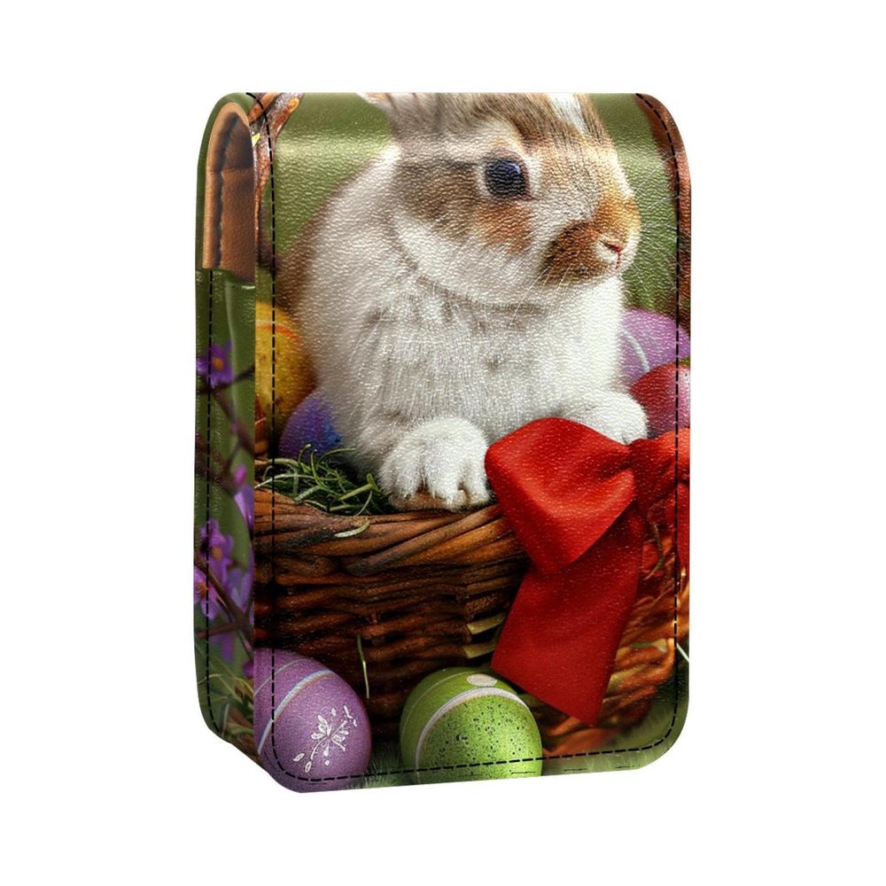 YTYVAGT Lipstick Case,Leather Lip Gloss Lipstick Organizer with Mirror,Mini Lipstick Holder Bag,White Rabbit with Eggs Easter