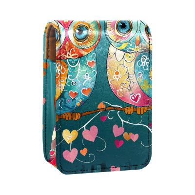 YTYVAGT Lipstick Case,Leather Lip Gloss Lipstick Organizer with Mirror,Mini Lipstick Holder Bag,Two Owls Heart Colored