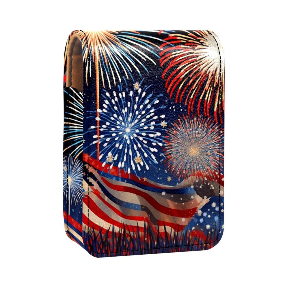 YTYVAGT Lipstick Case,Leather Lip Gloss Lipstick Organizer with Mirror,Mini Lipstick Holder Bag,American Flag Fireworks Holiday