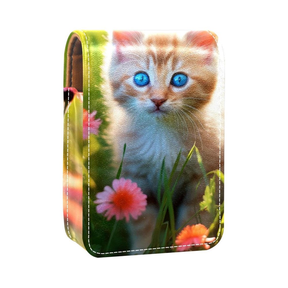YTYVAGT Travel Lipstick Organizer Case,Lipstick Case Portable Makeup Bag With Mirror,Cute Kitten Flower Grass