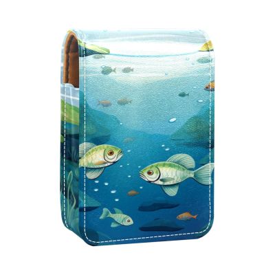YTYVAGT Lipstick Case,Leather Lip Gloss Lipstick Organizer with Mirror,Mini Lipstick Holder Bag,Water Fish Lotus Leaf