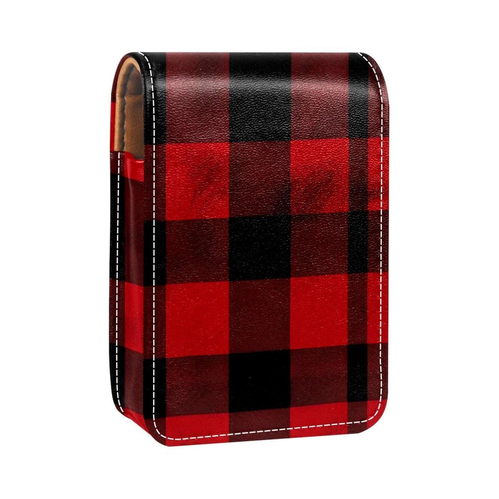 YTYVAGT Lipstick Case,Leather Lip Gloss Lipstick Organizer with Mirror,Mini Lipstick Holder Bag,Black Red Stripe Plaid