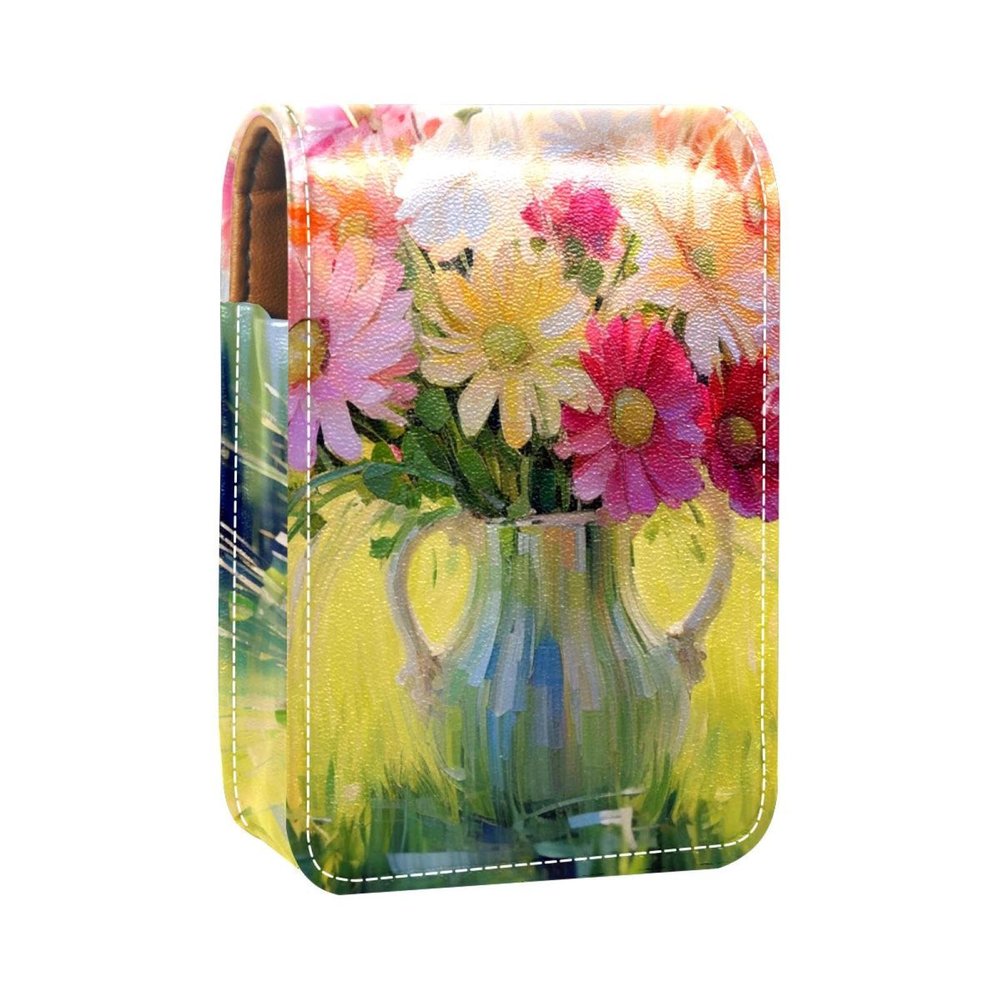 YTYVAGT Travel Lipstick Organizer Case,Lipstick Case Portable Makeup Bag With Mirror,Colorful Daisies in Spring Meadow