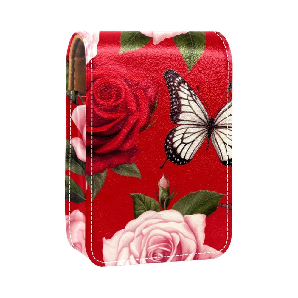 YTYVAGT Travel Lipstick Organizer Case,Lipstick Case Portable Makeup Bag With Mirror,Butterfly Rose Floral