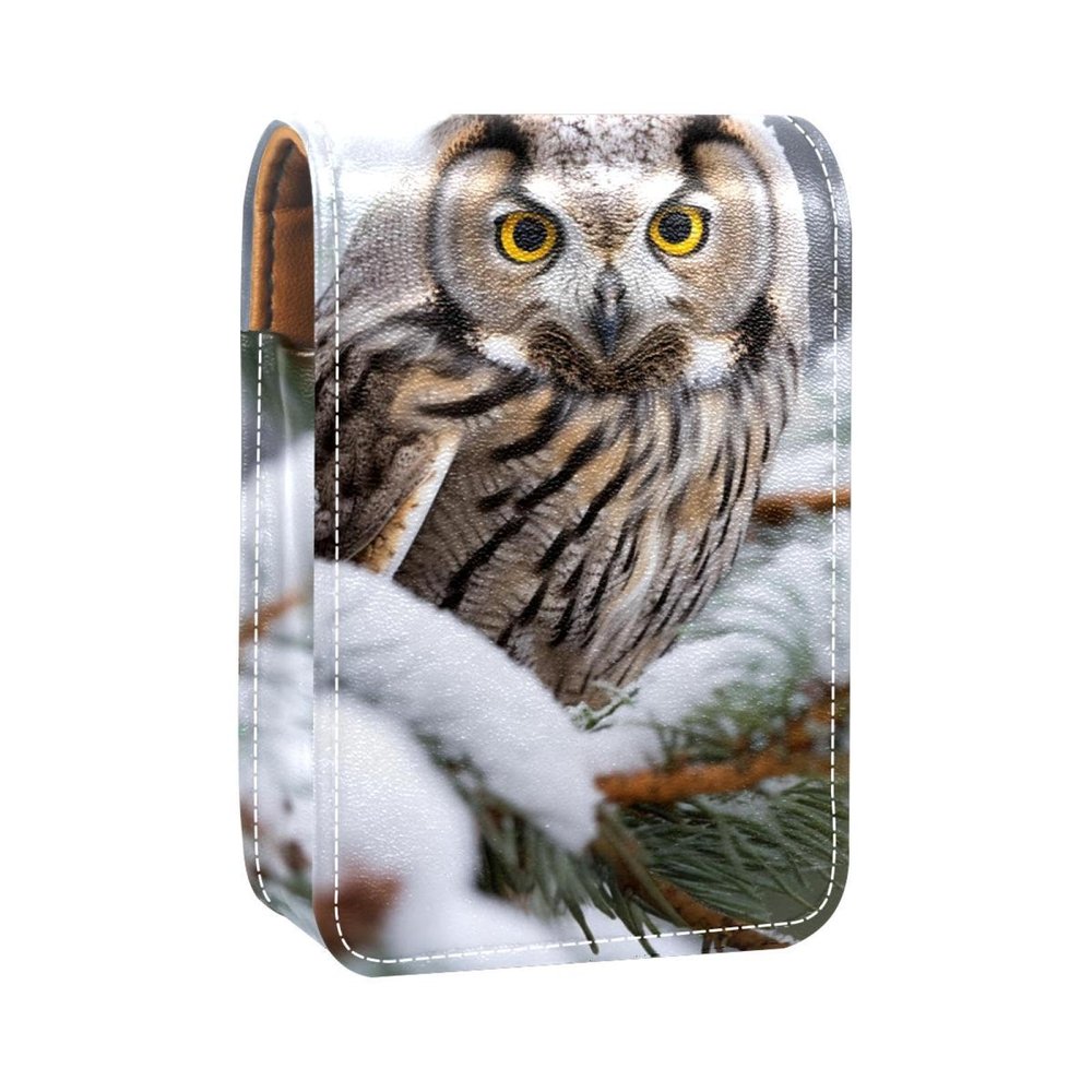 YTYVAGT Lipstick Case,Leather Lip Gloss Lipstick Organizer with Mirror,Mini Lipstick Holder Bag,Winter Snow Tree Owl