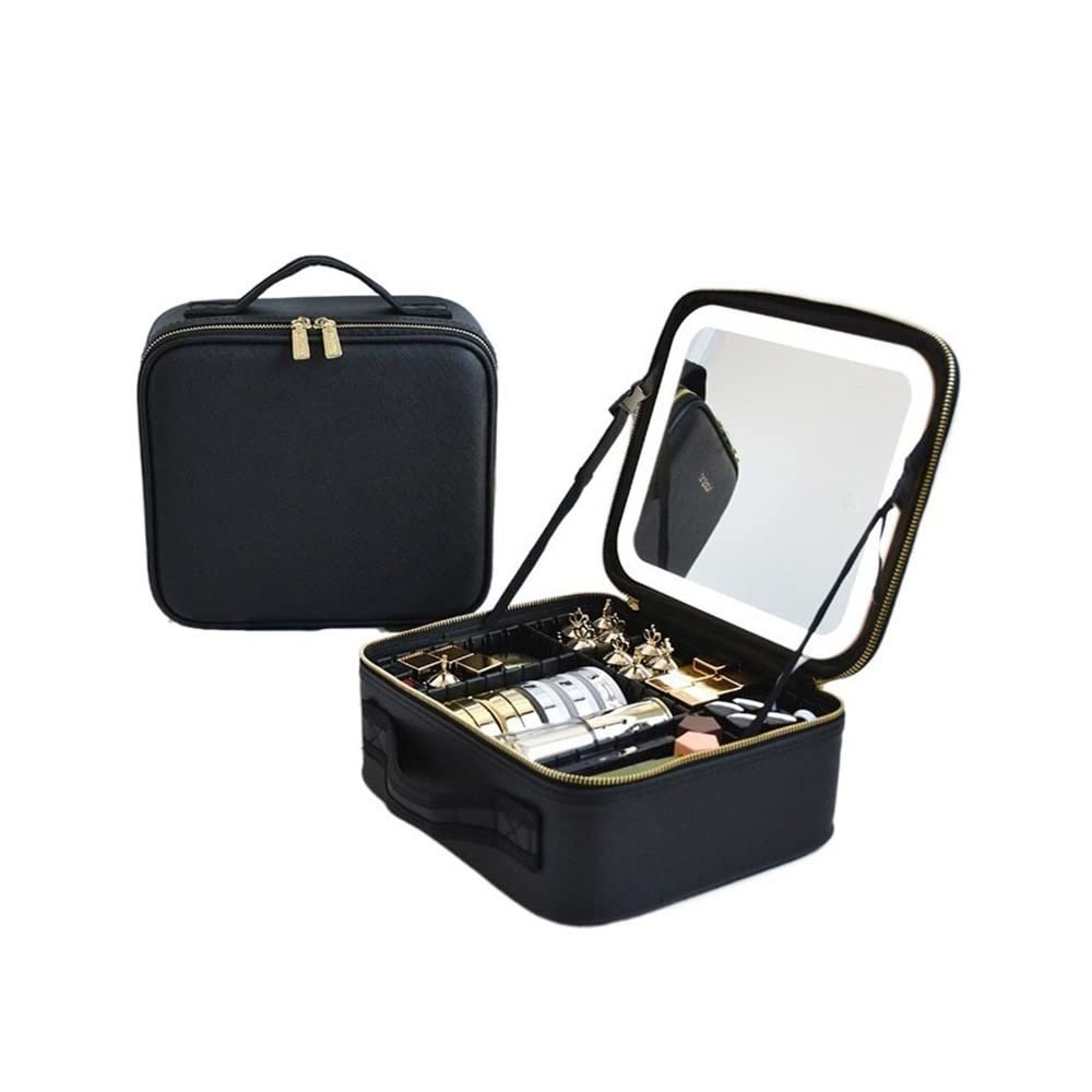 YUEMOL led Makeup Bag Smart LED Makeup Bag,for Women with Mirror with Compartments Waterproof PU Leather Travel Cosmetic Case (Color : Black with Led)