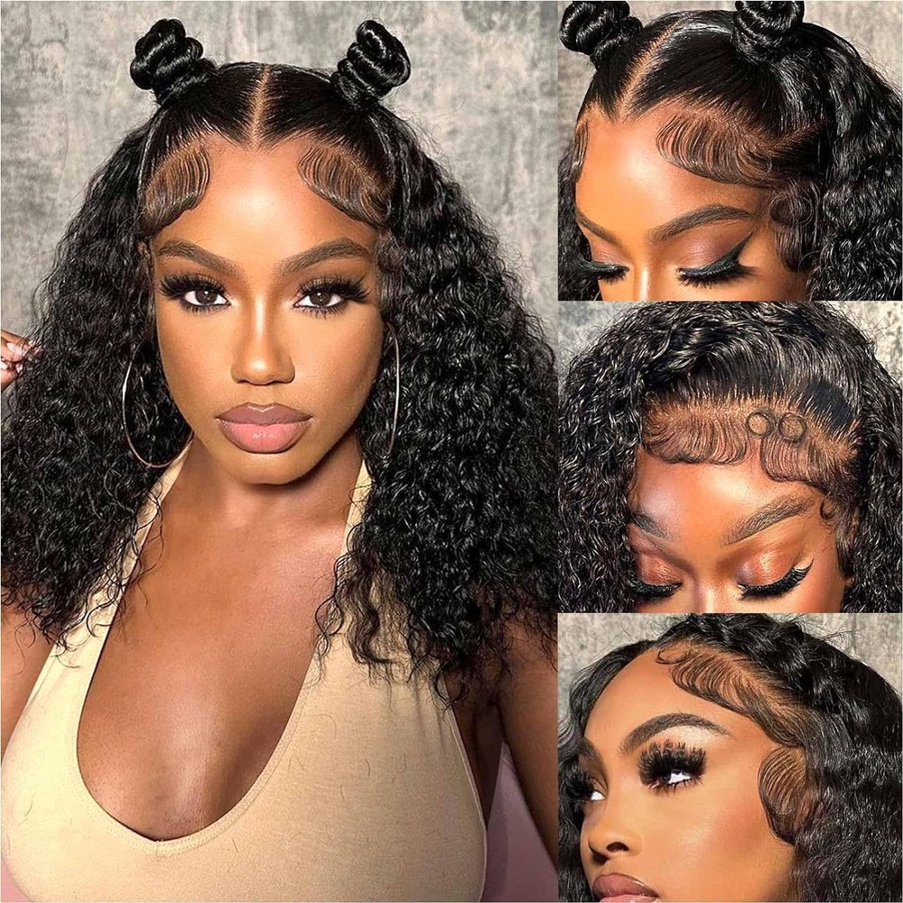 BELIANA Glueless Bob Wigs Human Hair Pre Plucked Pre Cut Short Curly Human Hair Wigs for Black Women 5x5 HD Lace Closure Water Wave Wear and Go Glueless Wigs 180% Density 14 Inch