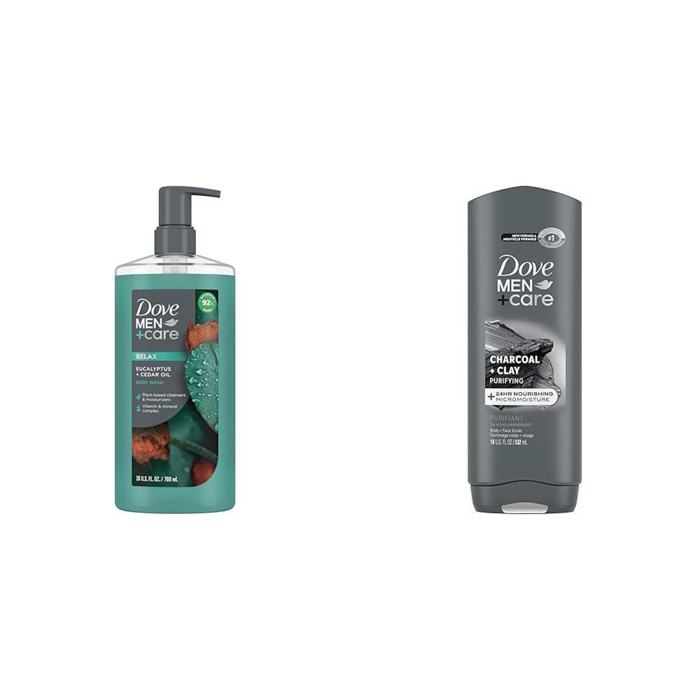 DOVE MEN + CARE Body Wash Eucalyptus + Cedar Oil to Rebuild Skin in the Shower & Elements Body Wash Charcoal + Clay, Effectively Washes Away Bacteria