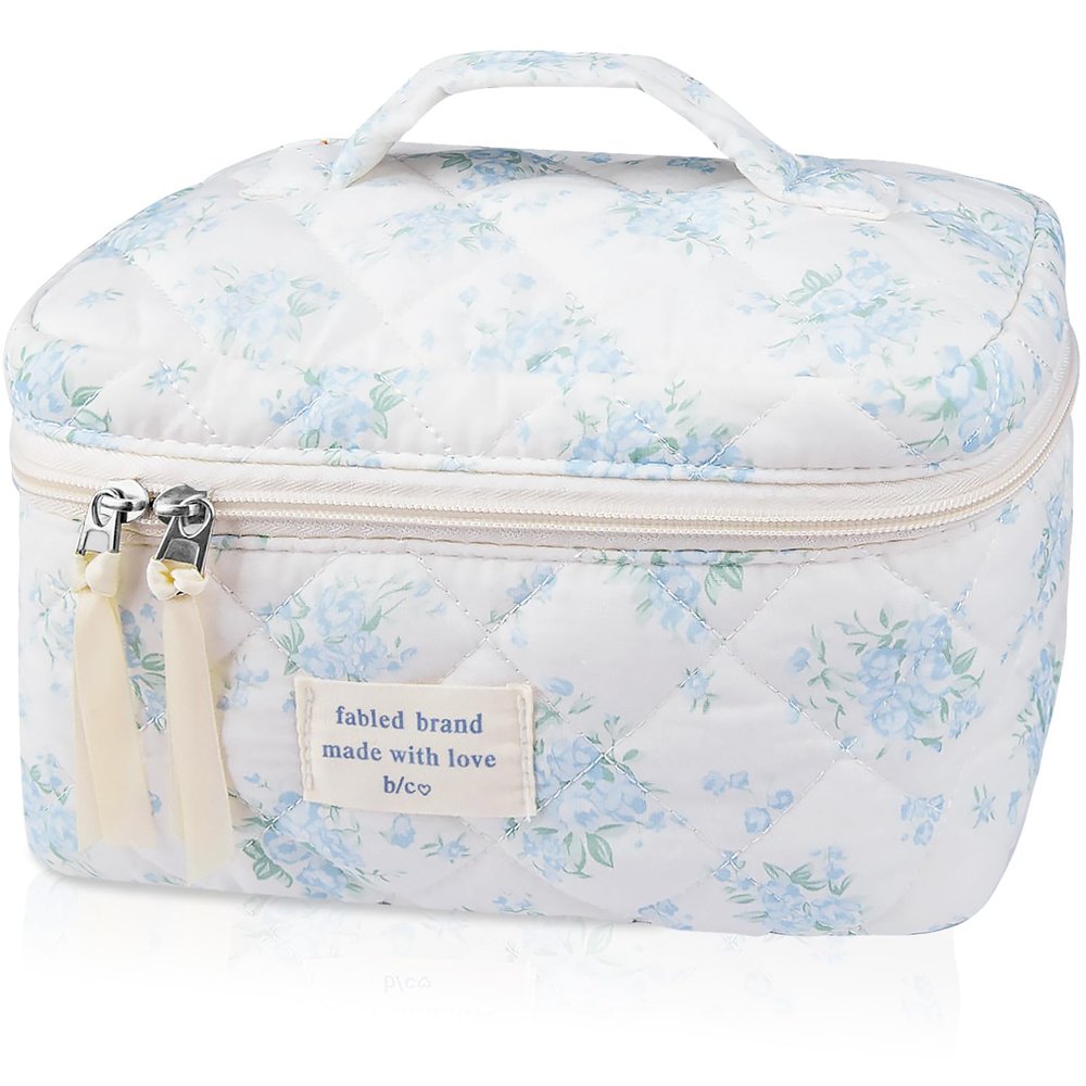 Large Travel Quilted Makeup Bag for Women,Big Floral Cotton Cosmetic Bag, Cute Coquette Aesthetic Floral Toiletry Organizer Bag (Blue Rose)