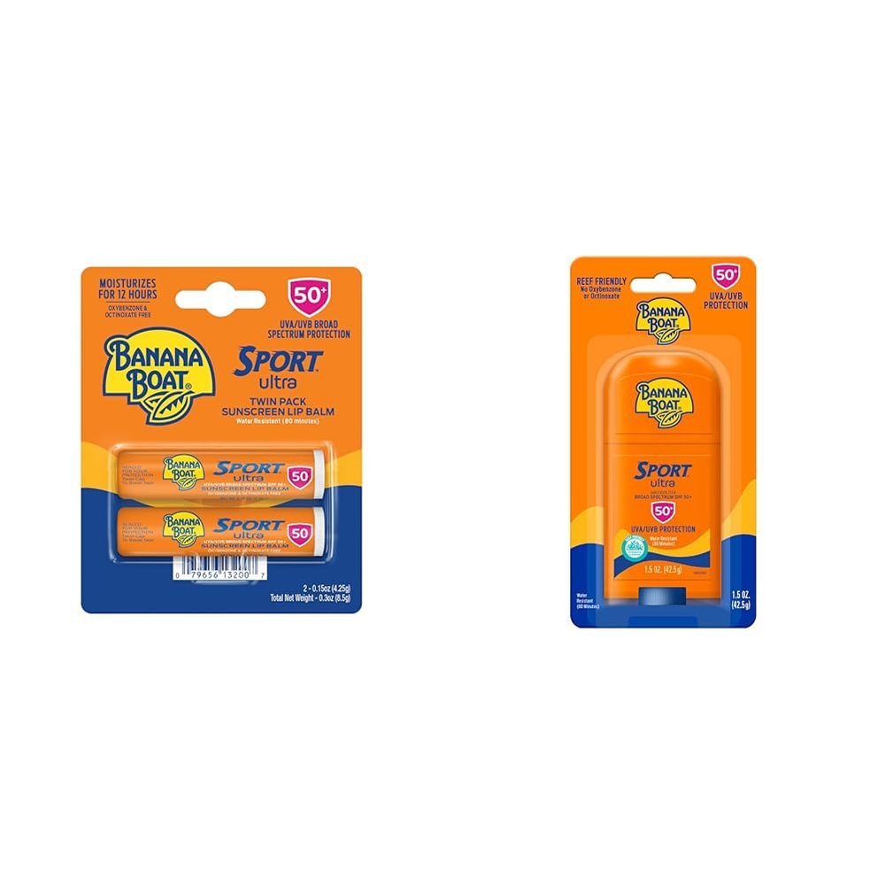 Banana Boat Sport Ultra SPF 50 Lip Sunscreen Twin Pack | SPF Lip Balm Pack & Sport Ultra, Reef Friendly, Broad Spectrum Sunscreen Stick, SPF 50, 1.5oz.