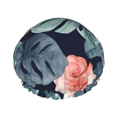 Watercolor monstera pattern Print Shower Caps for Women Reusable Bath Caps Double Layer Waterproof Hair Cap with EVA Lining Soft Comfortable Bath Hat for all Hair Types
