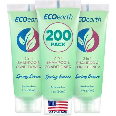 EcoEarth Travel Size Shampoo Conditioner 2-in-1 (1 fl oz, 200 PK, Spring Breeze) Delight Your Guests w/Revitalizing & Refreshing Conditioning Shampoo Amenities, Small Size Hotel Toiletries in Bulk