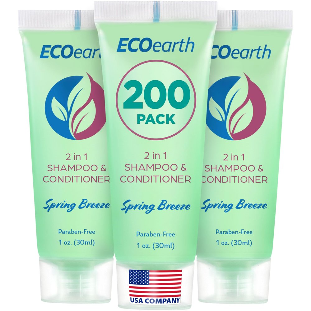 EcoEarth Travel Size Shampoo Conditioner 2-in-1 (1 fl oz, 200 PK, Spring Breeze) Delight Your Guests w/Revitalizing & Refreshing Conditioning Shampoo Amenities, Small Size Hotel Toiletries in Bulk
