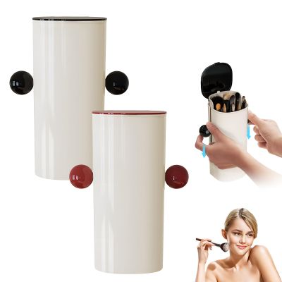 Atlodas Automatic Lifting Dustproof Four-compartment Makeup Brush Storage Tube, Makeup Brush Holder Organizer with Lid, Cosmetics Holders Storage for Vanity Desktop Bathroom (2 pcs)