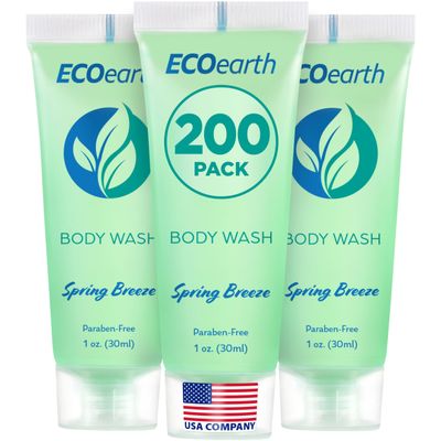 EcoEarth Travel Size Body Wash (1 fl oz, 200 PK, Spring Breeze), Delight Your Guests with a Revitalizing and Refreshing Hotel Body Wash, Quality Mini and Small Size Guest Hotel Toiletries in Bulk
